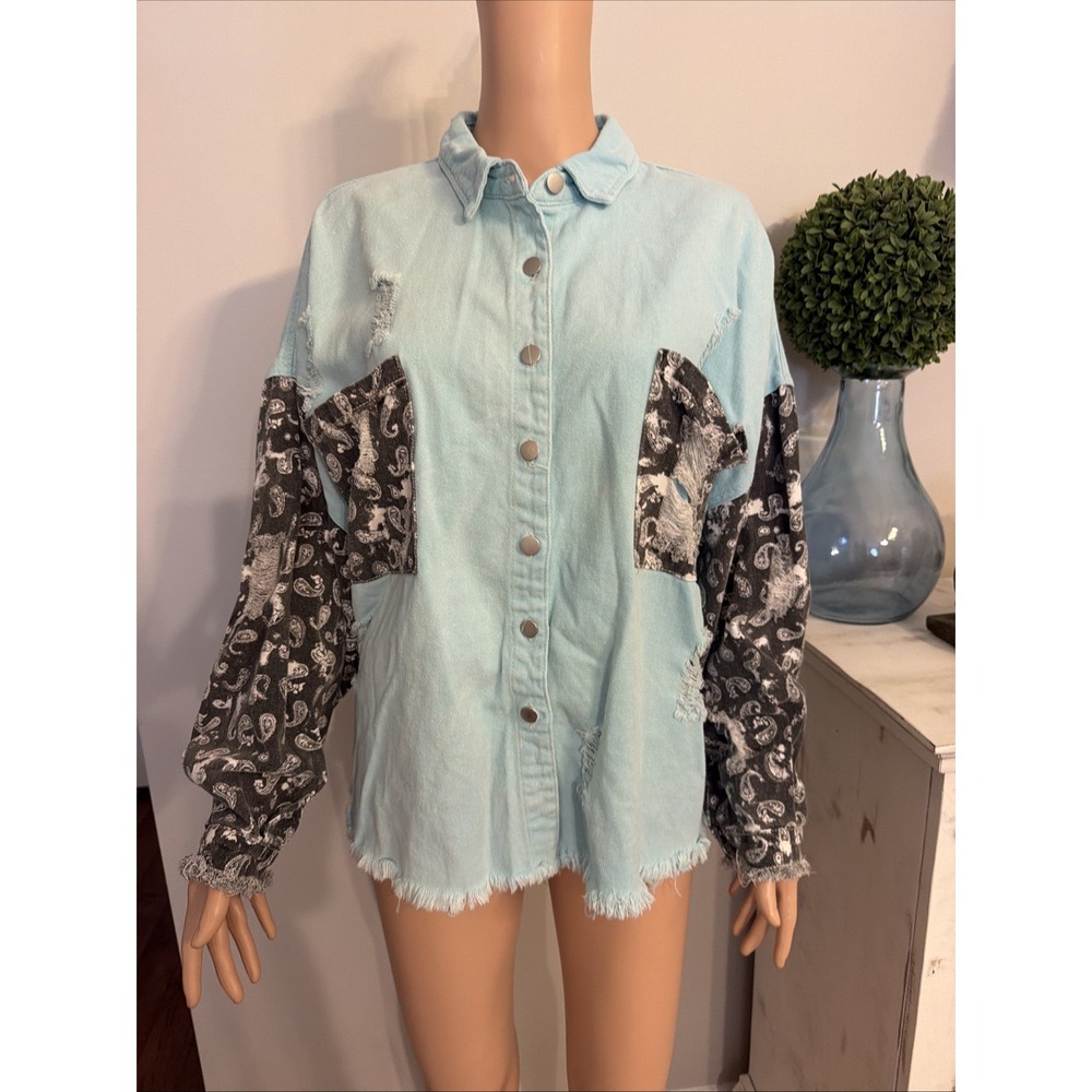 POL Distressed Med Paisley Statement Denim Shacket Light Blue Boho Western S